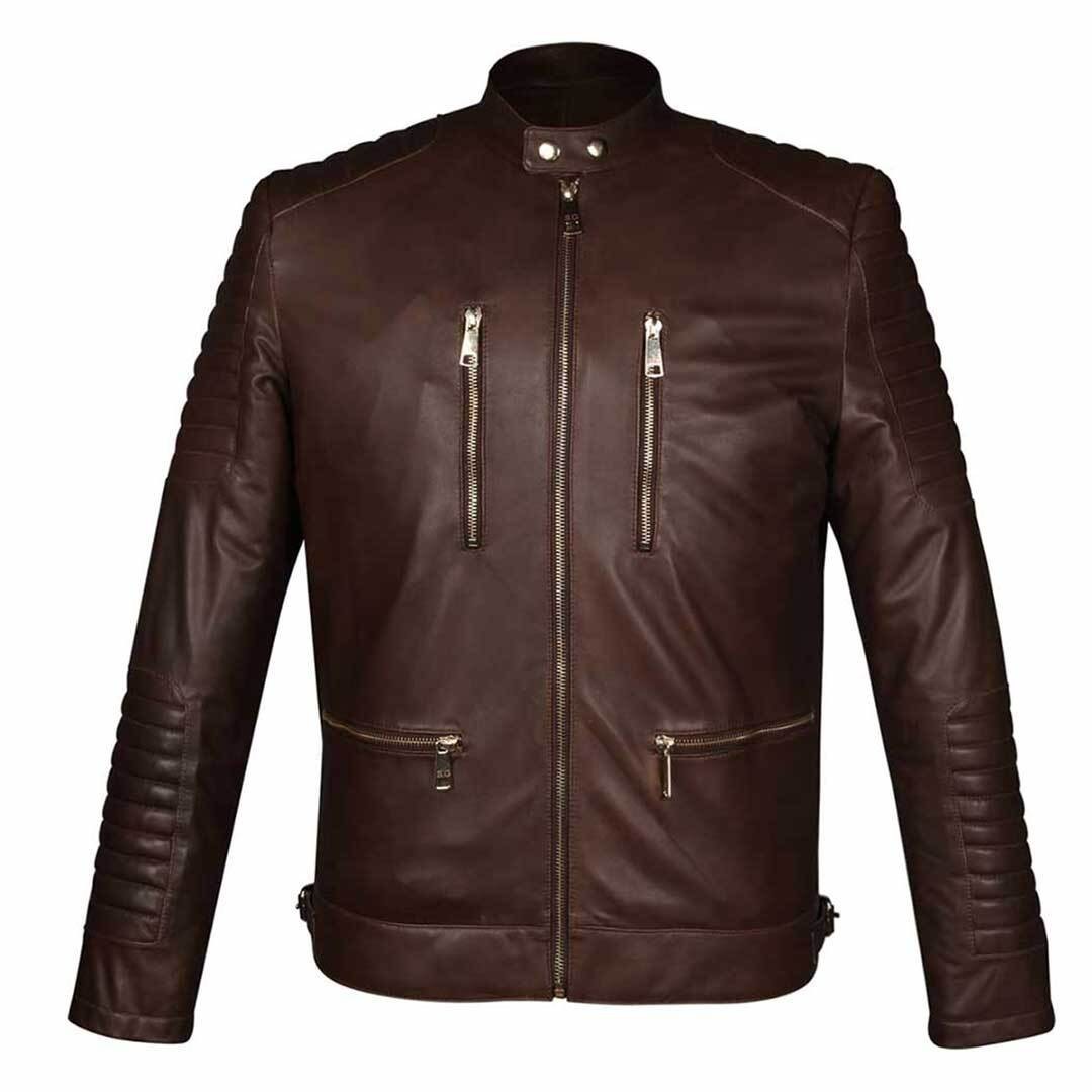 Men’s Genuine Brown Leather Biker Jacket Cafe Racer Motorcycle Quilted Coat