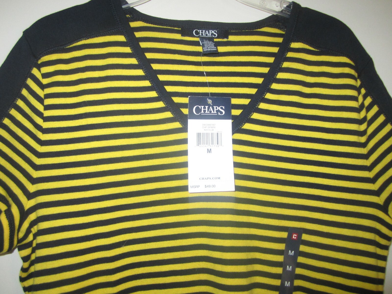 Chaps Womens T-shirt Navy/Yellow Striped Cotton SZE M V-Neck New Tag $49 GIFT