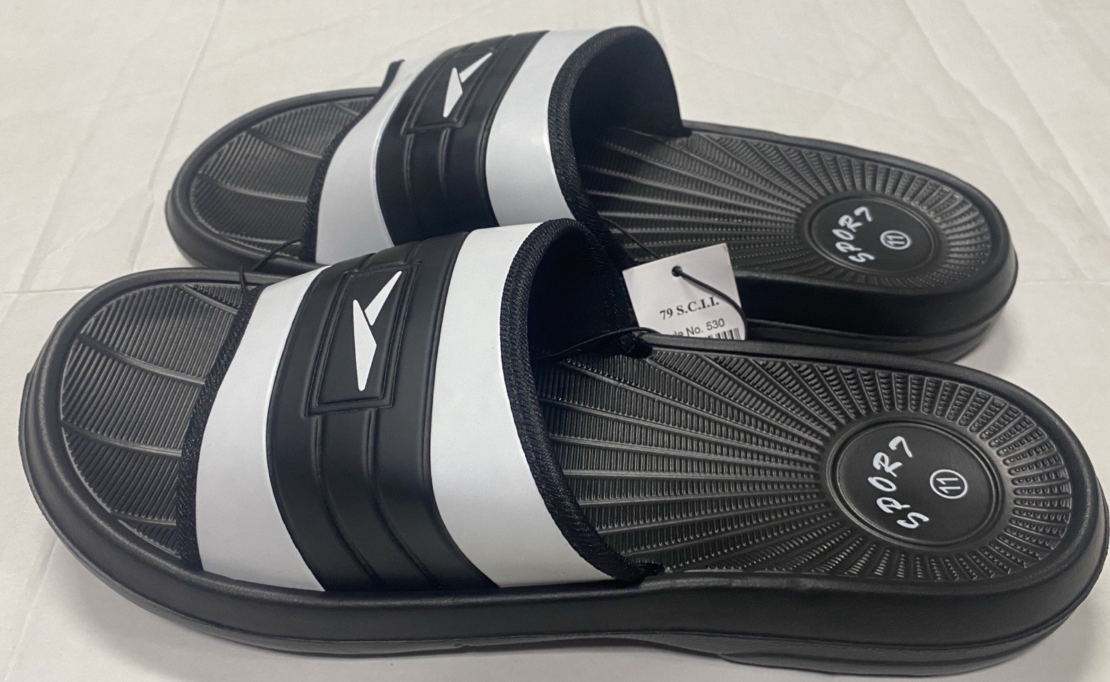 Black and White Sport Slide Slides Flip Flops Men’s Size 7 8 9 10 11 12 13