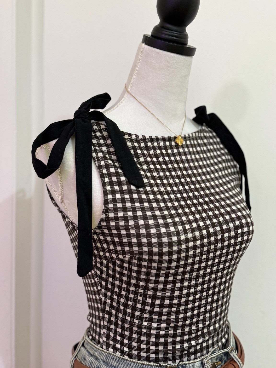 CIDER Women’s Gingham Tie Shoulder Top XXS Black White NWT