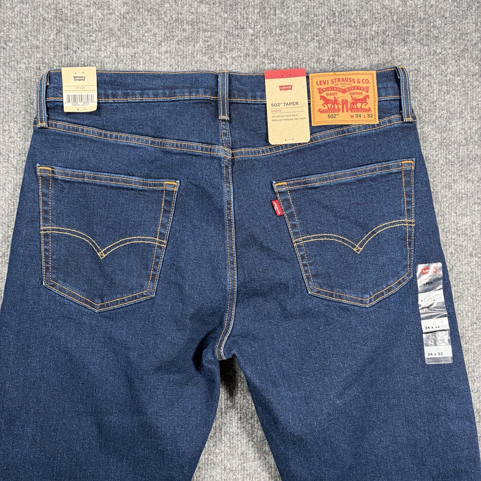 NWT Levis Mens 502 Taper Fit Jeans Blue Stretch Denim Zip Fly 34×32 Tapered