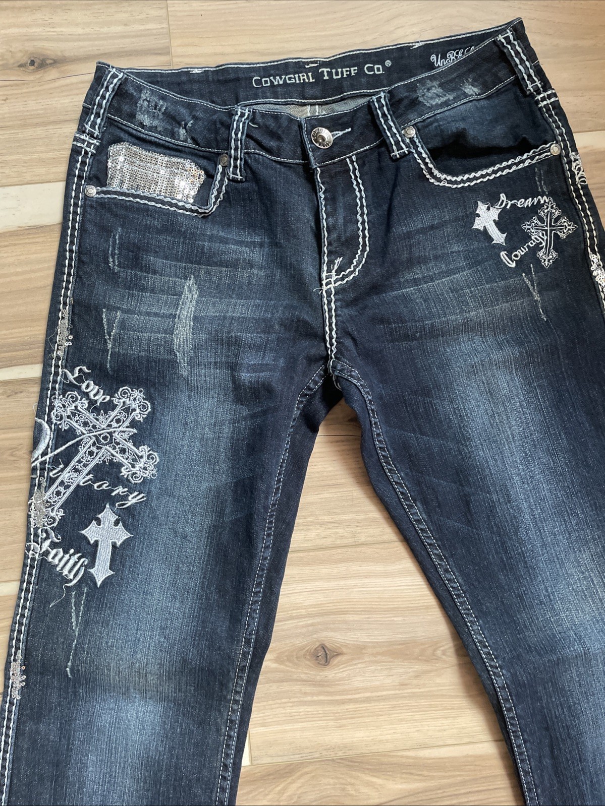 Cowgirl Tuff Blue Bootcut Jeans Women 29×31 Unbelievable Indigo Embroider Sequin
