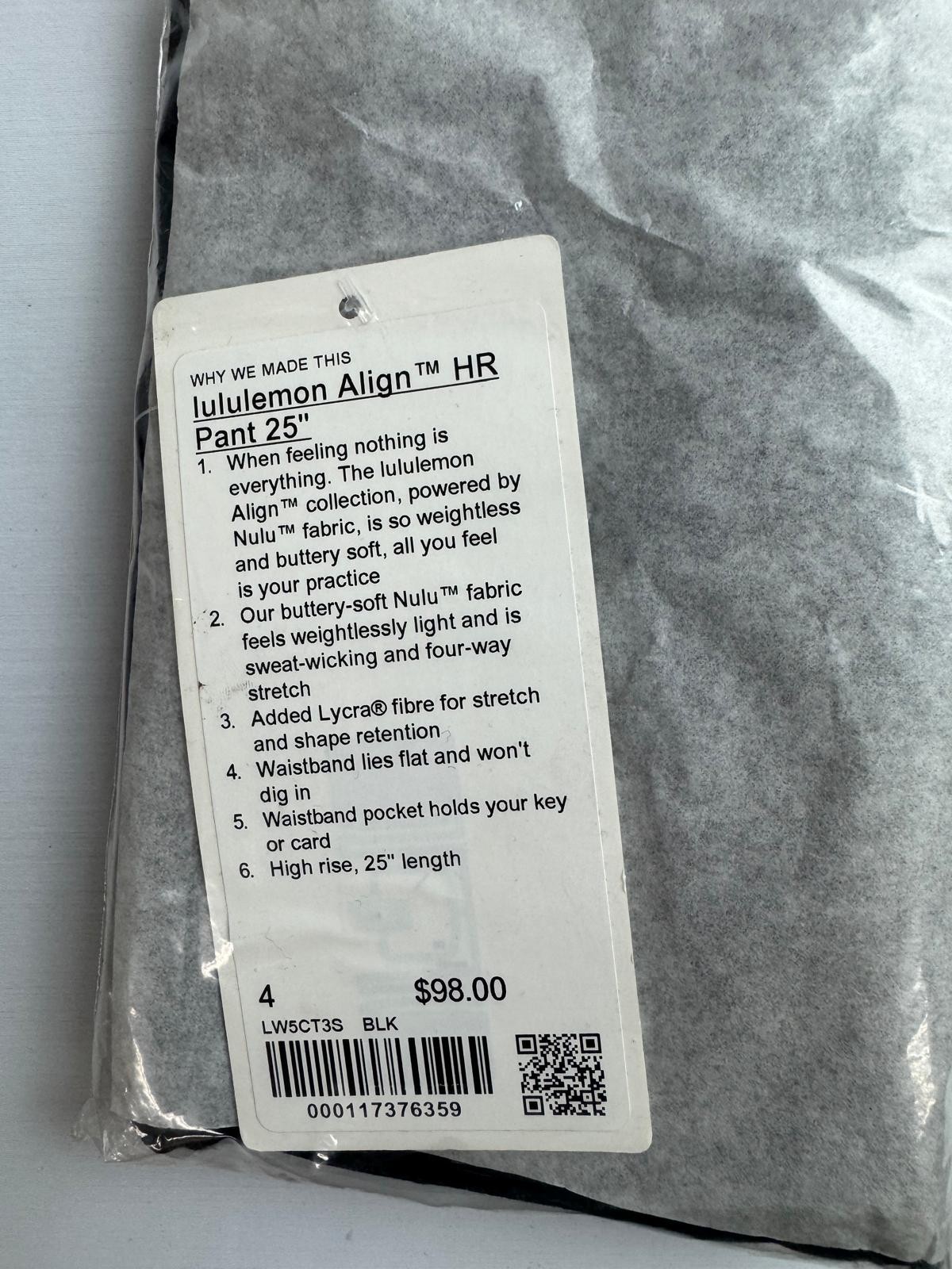 NWT Align™ High-Rise Pant 25″ Black Size 4. lululemon