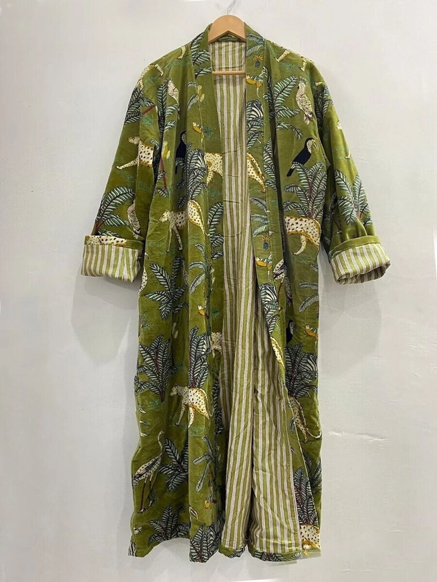 Green Jungle Print Velvet Kimono Robes, Morning Tea Velvet Coat, Bridesmaid Robe