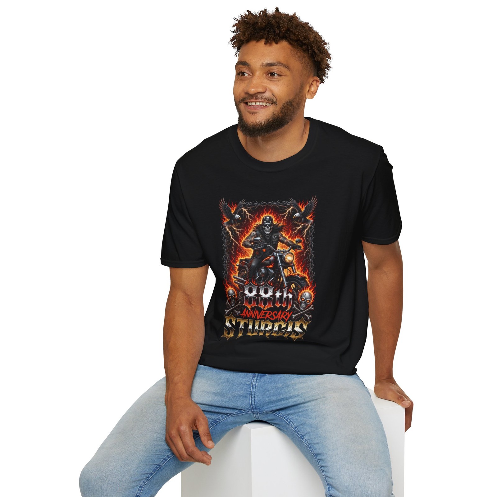 Flaming Skeleton Biker T-Shirt Skull Motorcycle Graphic