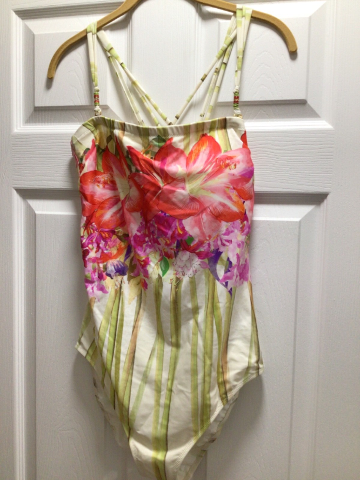 New Gottex Flower Bandeau One Piece Bathing Suit Detachable Straps Sz 14 NWT