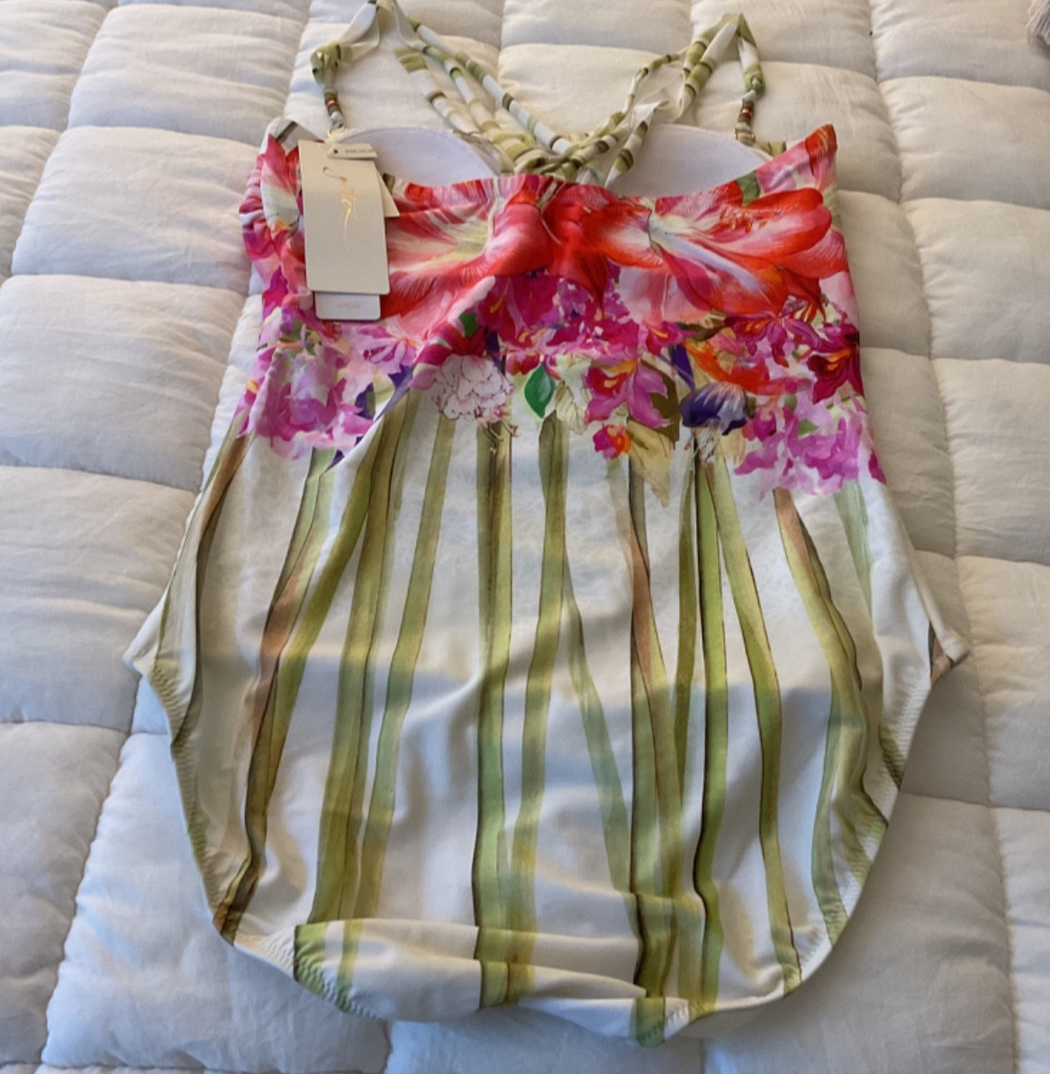 New Gottex Flower Bandeau One Piece Bathing Suit Detachable Straps Sz 14 NWT