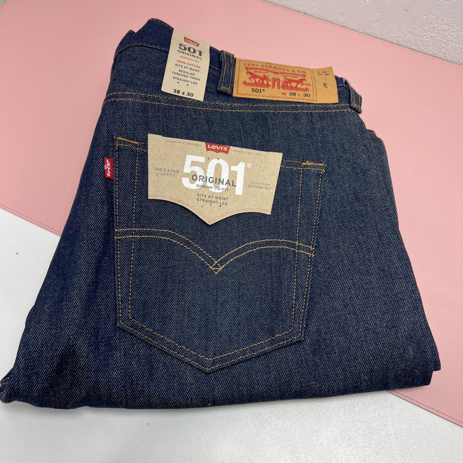 Levis 501 Shrink To Fit Button Fly Jeans 38X30 Straight Leg Color Blue Rigid