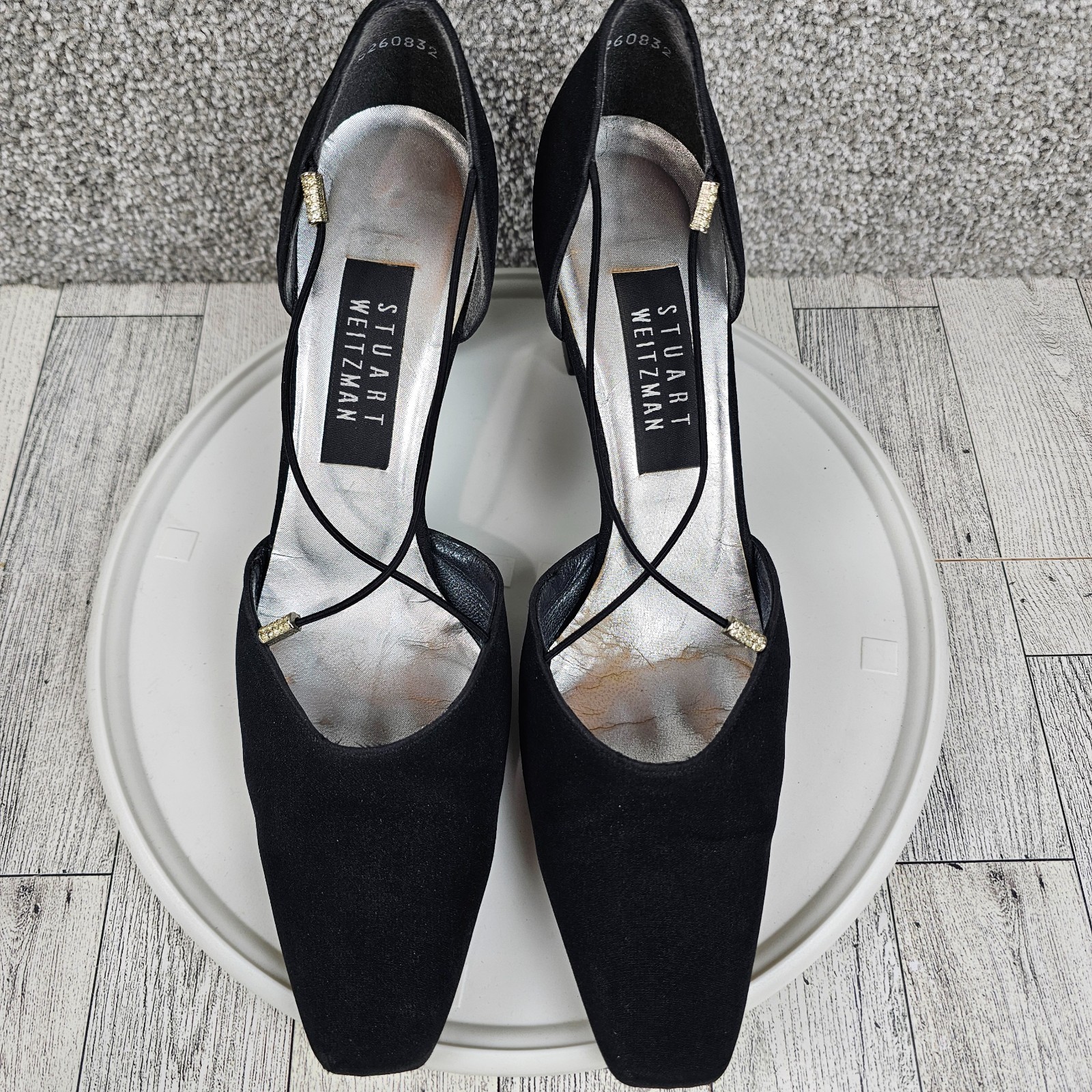 STUART WEITZMAN Heels Black Fabric Shoes Jeweled Accent Elastic Straps Size 8A