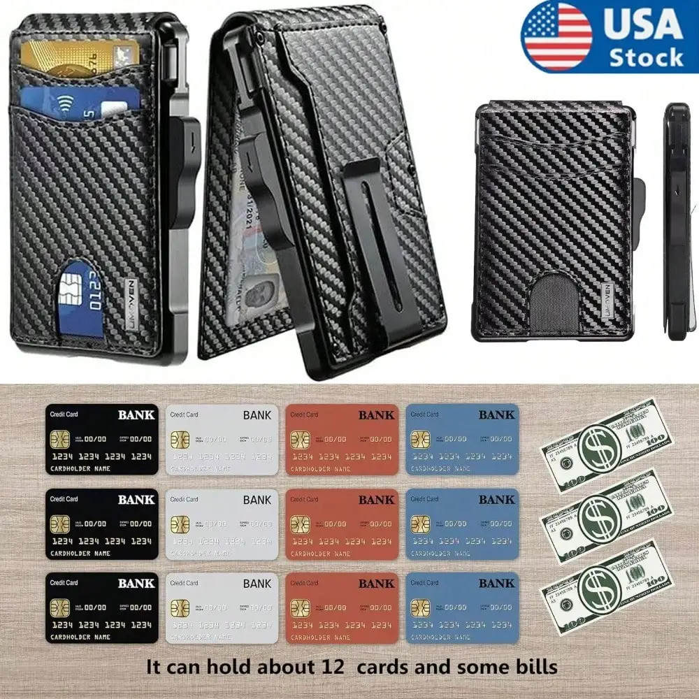 Men’s Slim PopUp Bifold Carbon Fiber Wallet, RFID Blocking, Money Clip, Men Gift