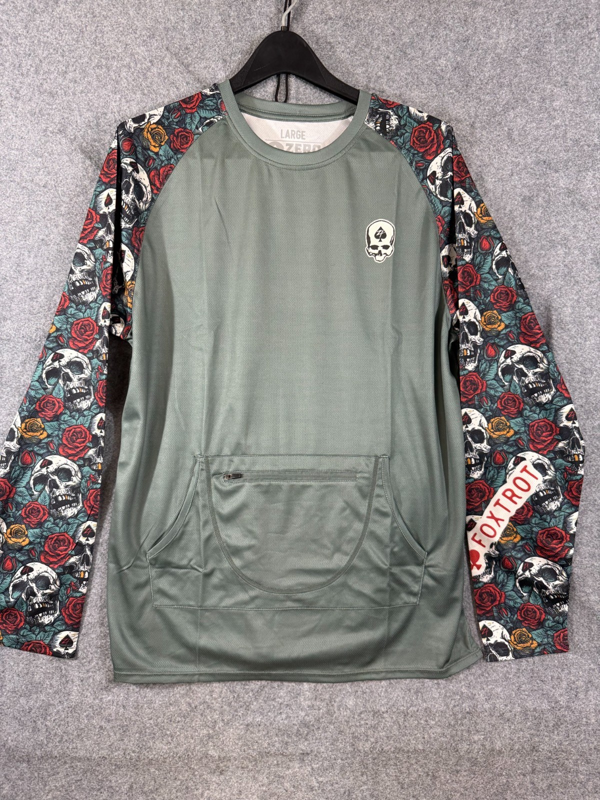 Zero Foxtrot Performance Shirt Mens L Green Skull Roses Crew Rash Guard NWOT