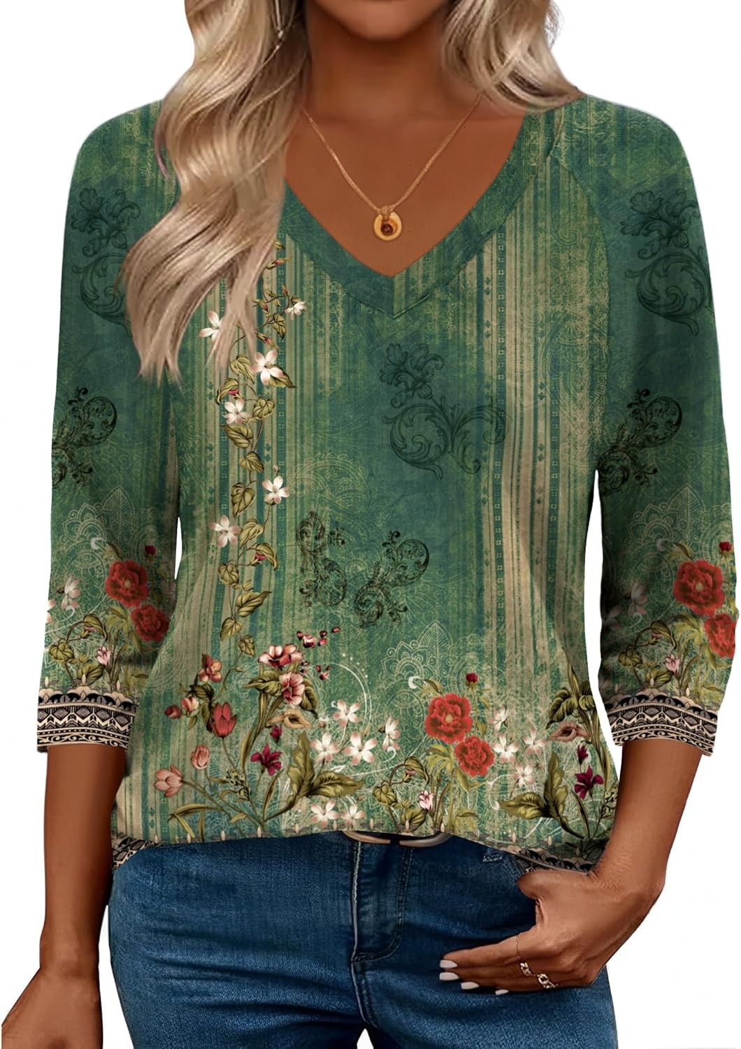 Womens 3/4 Sleeve V Neck Tunic Top Soft Stretchy Blouse for Casual Work Office
