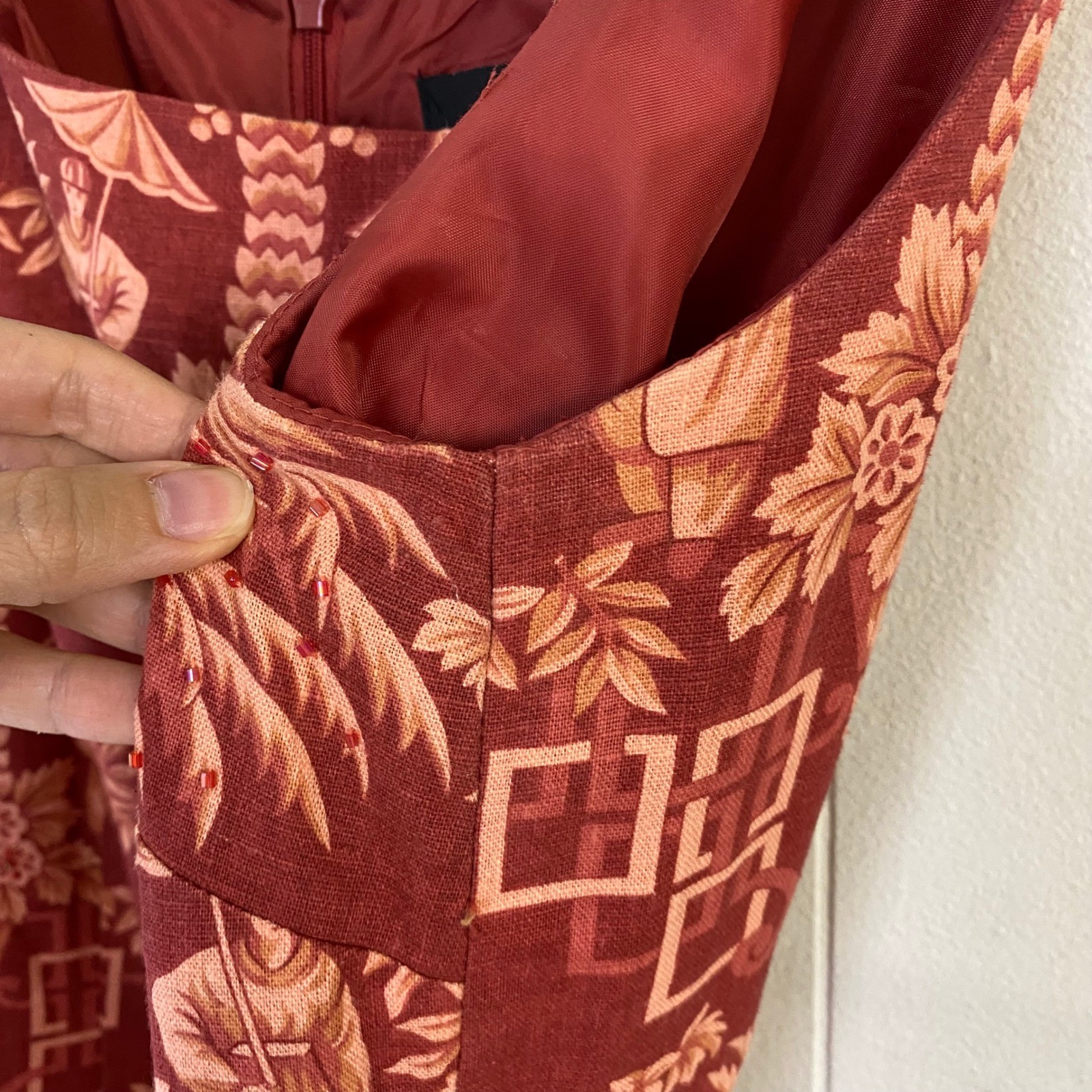 Virgo Sz 14 Y2K Red Chinoiserie Palm Tree Linen Blend Sheath Dress Beaded Accent