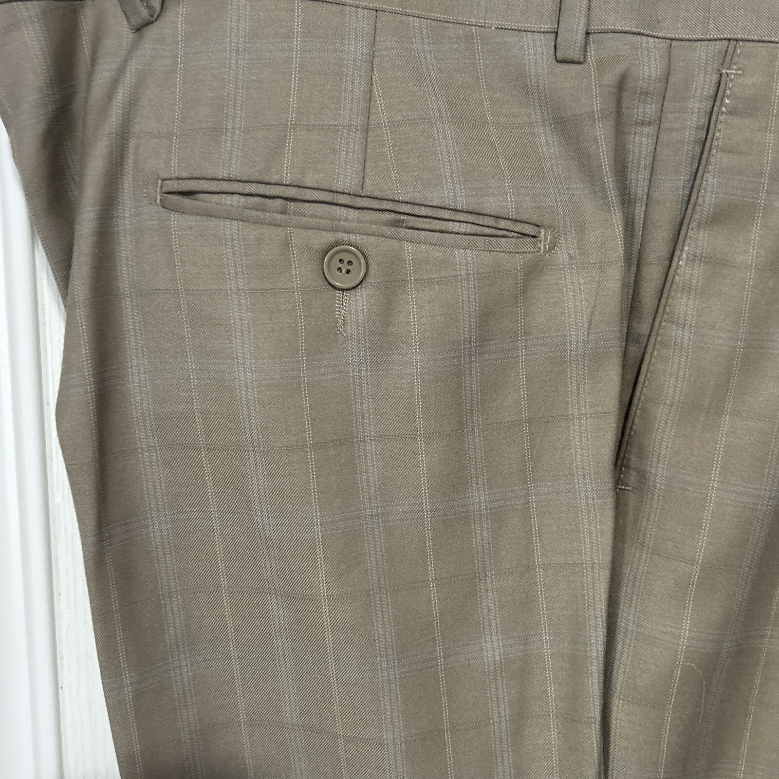 Lineage Men’s Suit Pant 38S Blazer 44S Tan Plaid Cuffed Business Stretch EUC