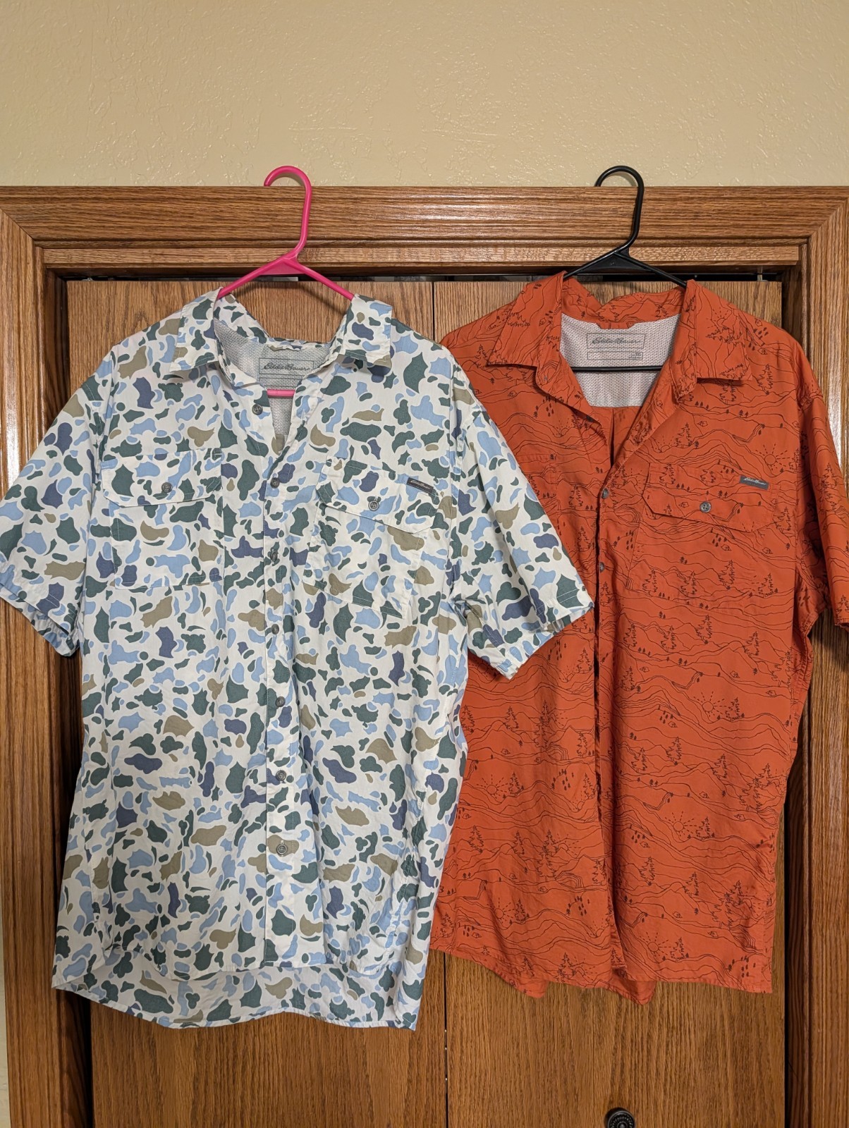Two Eddie Bauer Men’s XLT Short Sleeve Button Up Shirts