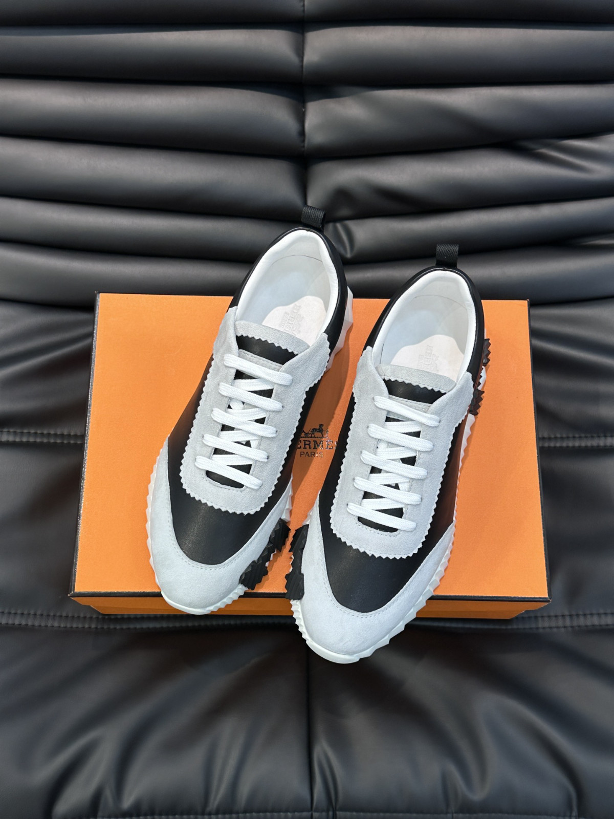 Hermes Bouncing Black Grey Suede Leather Color Block Men’s Low Top Sneakers