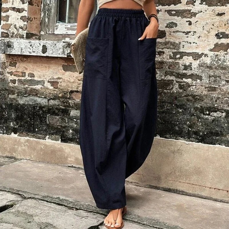 Summer Womens Cotton Linen Breathable Baggy Harem Pants Elastic Waist Trousers