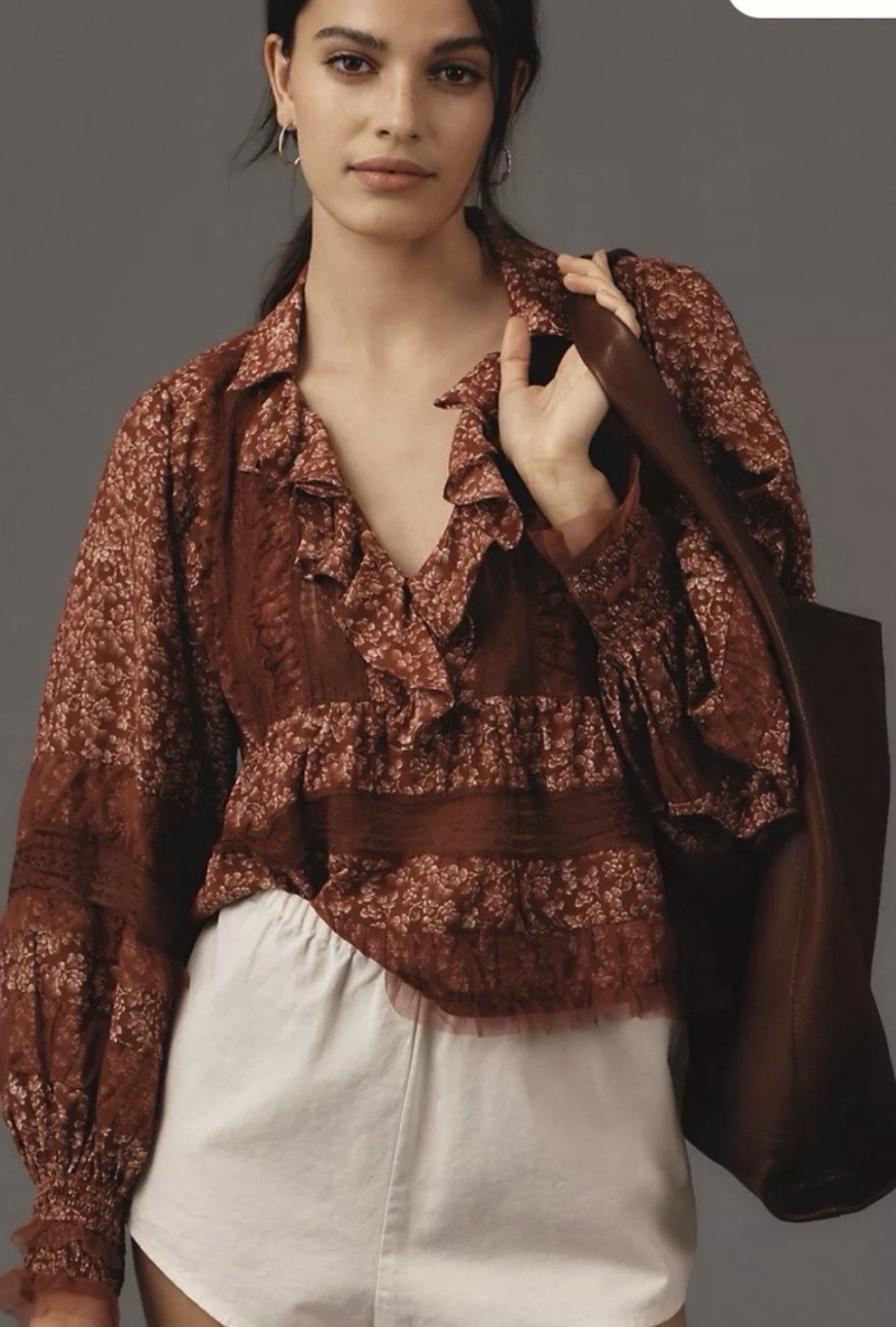 Anthropologie Ruffled V-Neck Popover Blouse Terracotta Red Motif Med OB1866645