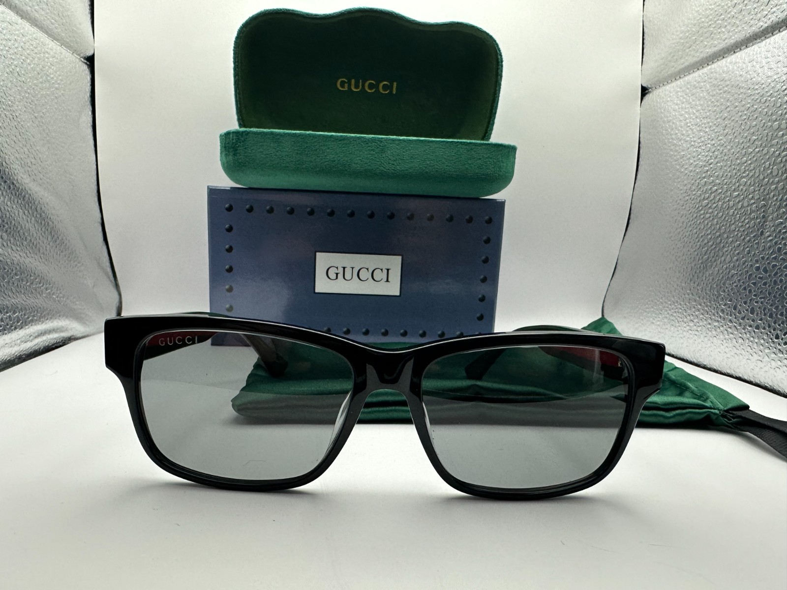 Gucci Rectangular Sunglasses GG0340S 006 Black/Green/Red 58mm 340