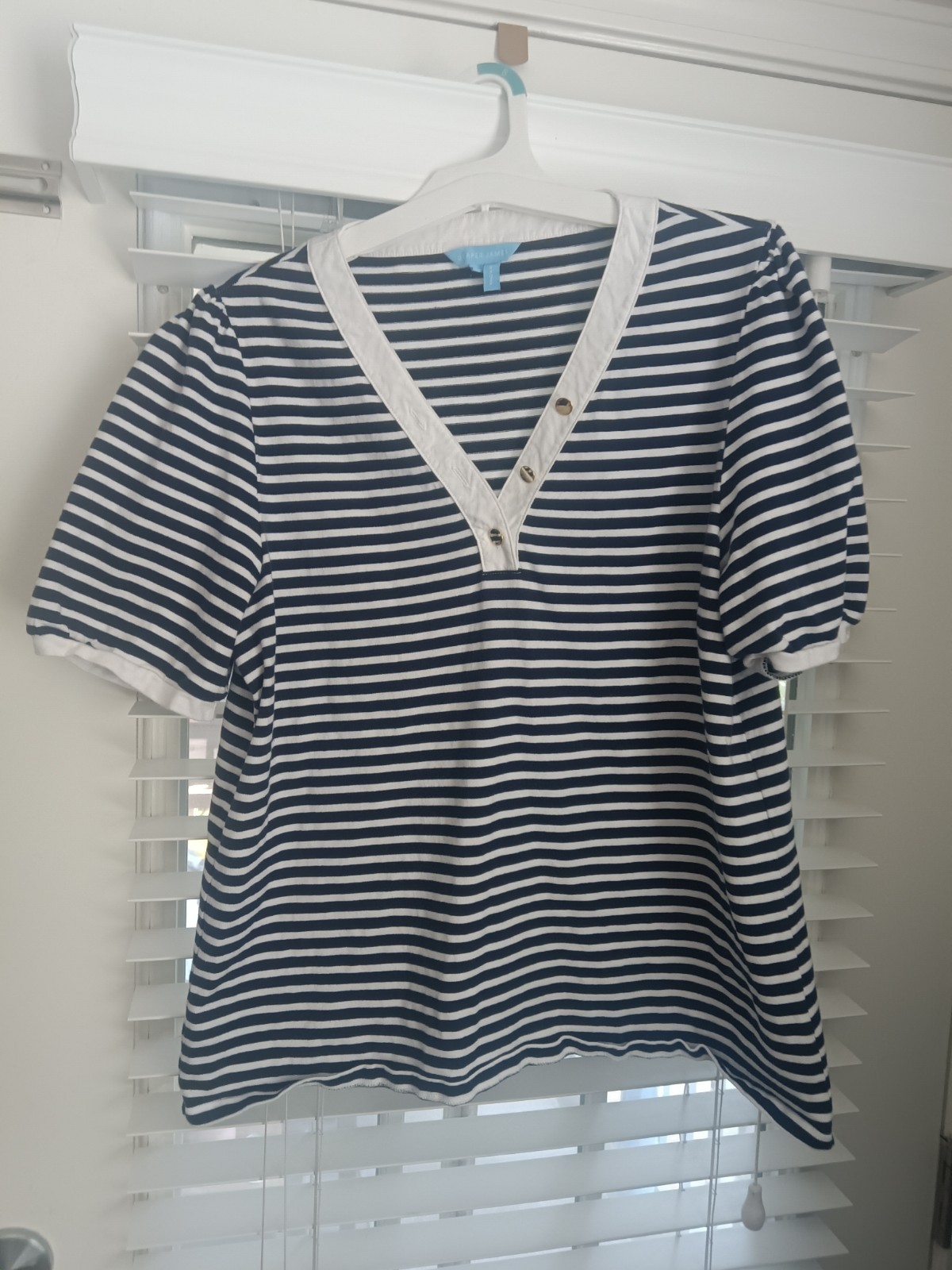 Draper James Navy White Striped V-Neck Button Short Sleeve Cotton T-Shirt Size L