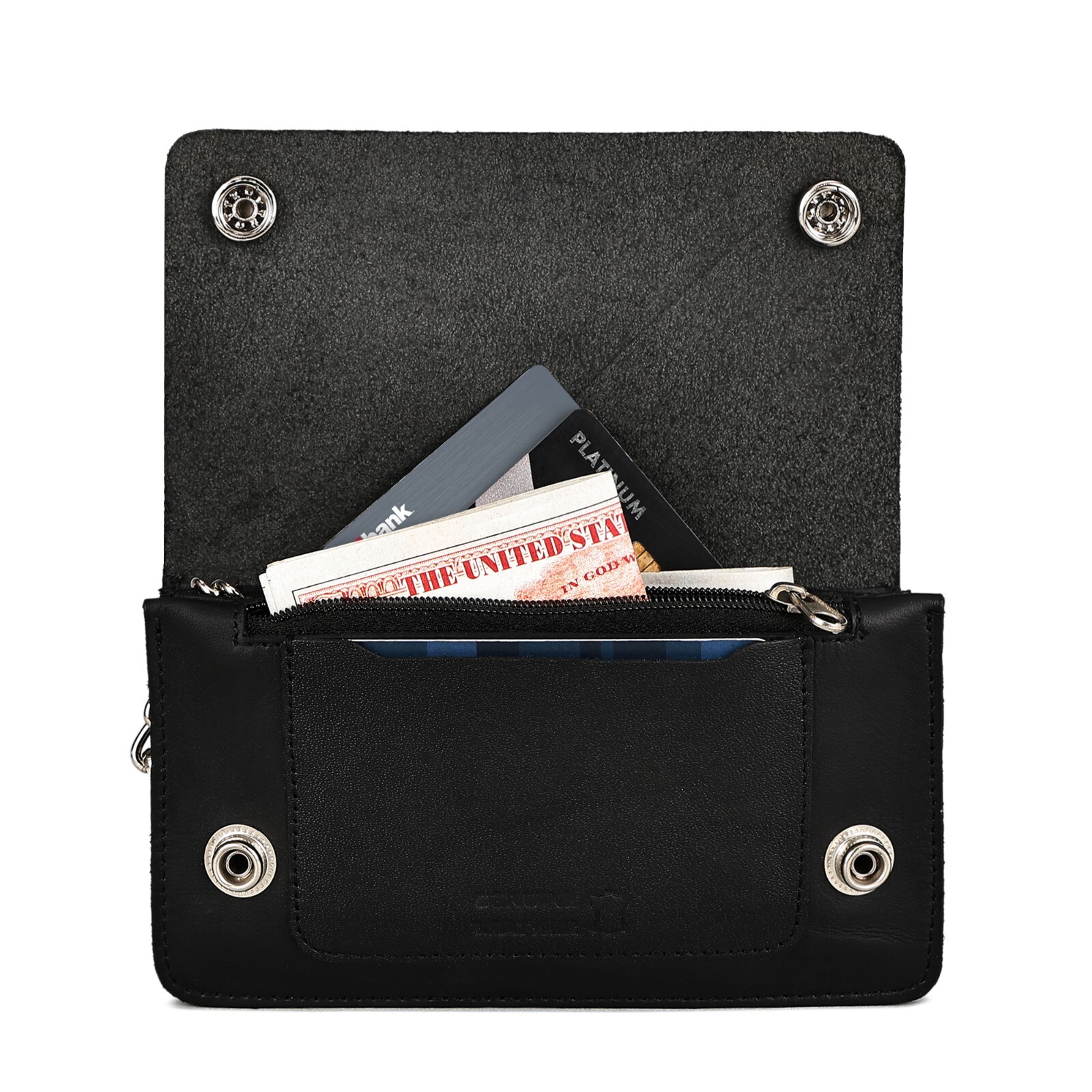 Leatherboss Men Motorcycle Trucker Biker Chain Wallet With Inside Zipper, Black