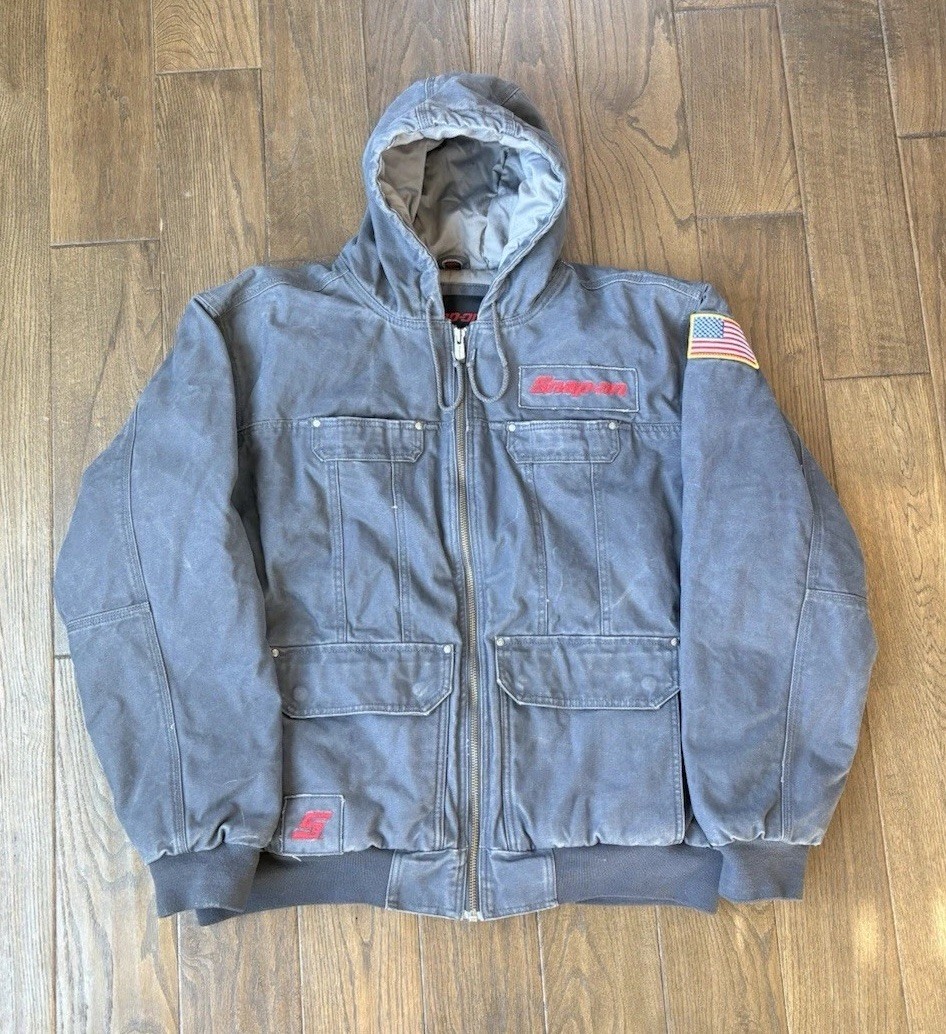 Vintage Snap On Tools Canvas Hooded Full Zip Jacket Gray Mens Size 2XL Heavy