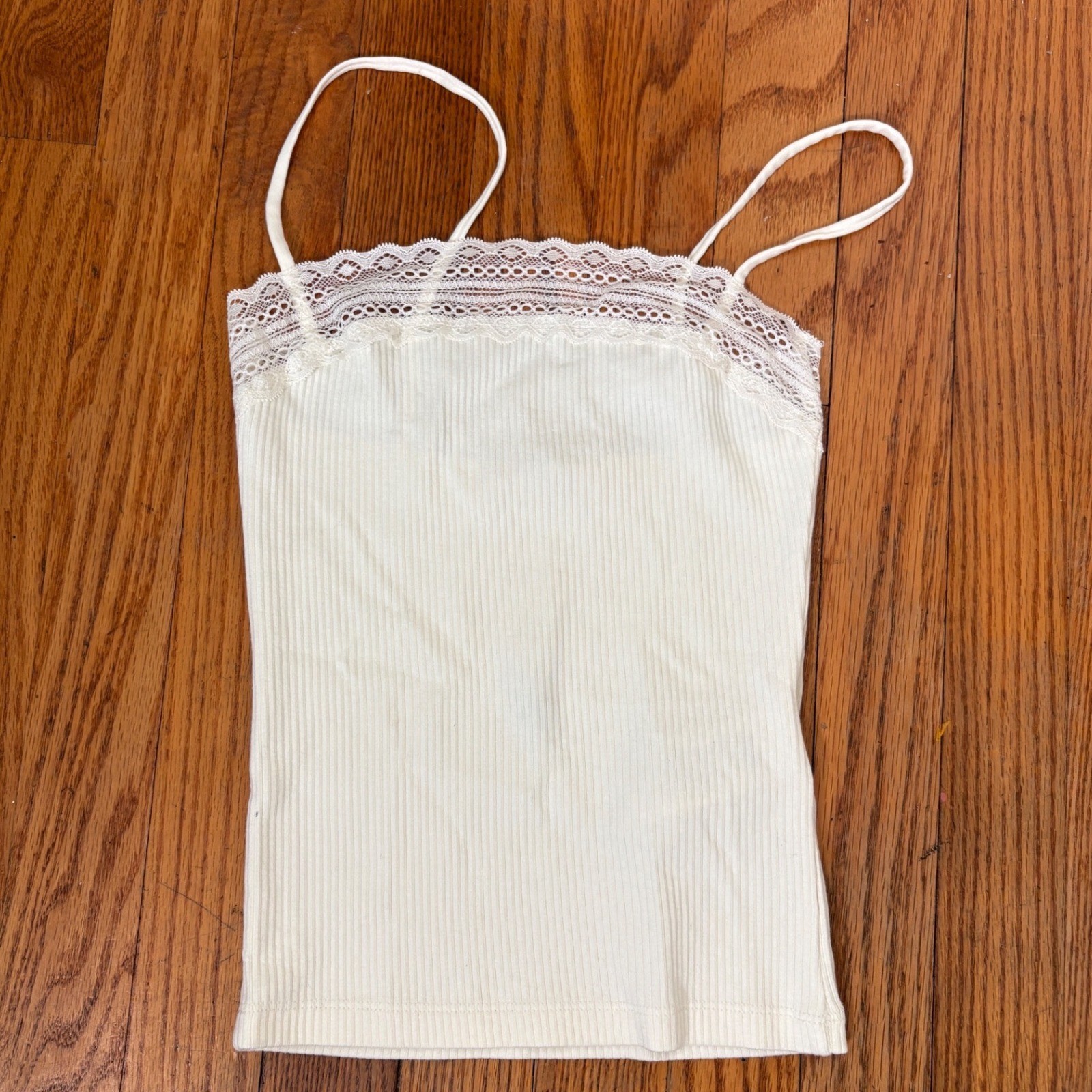 Madewell Lace Trim Square Neck Tank Top Ribbed Ivory Spaghetti Strap sz XXS NWT