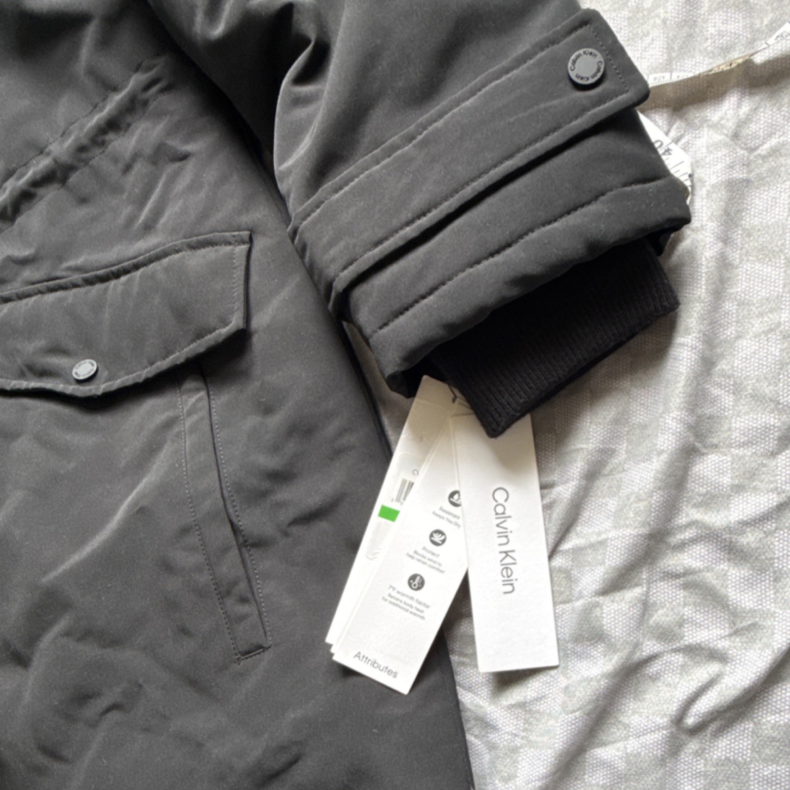 Calvin Klein Black Hooded Parka Coat women Size L Long Lined Zipper Button Logo