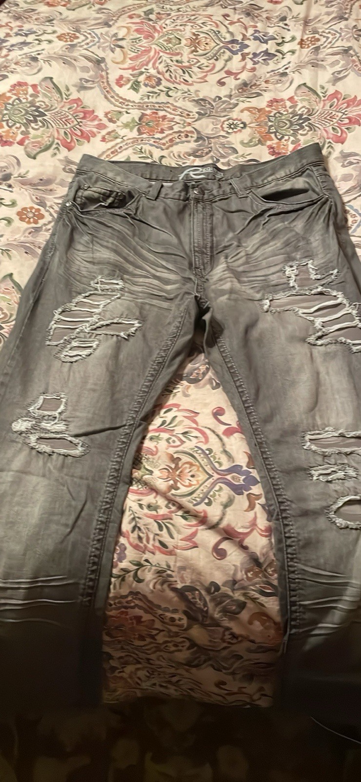Request Men’s Premium Denim Straight Leg Jeans Gray Distressed Mid Rise 5-Pocket
