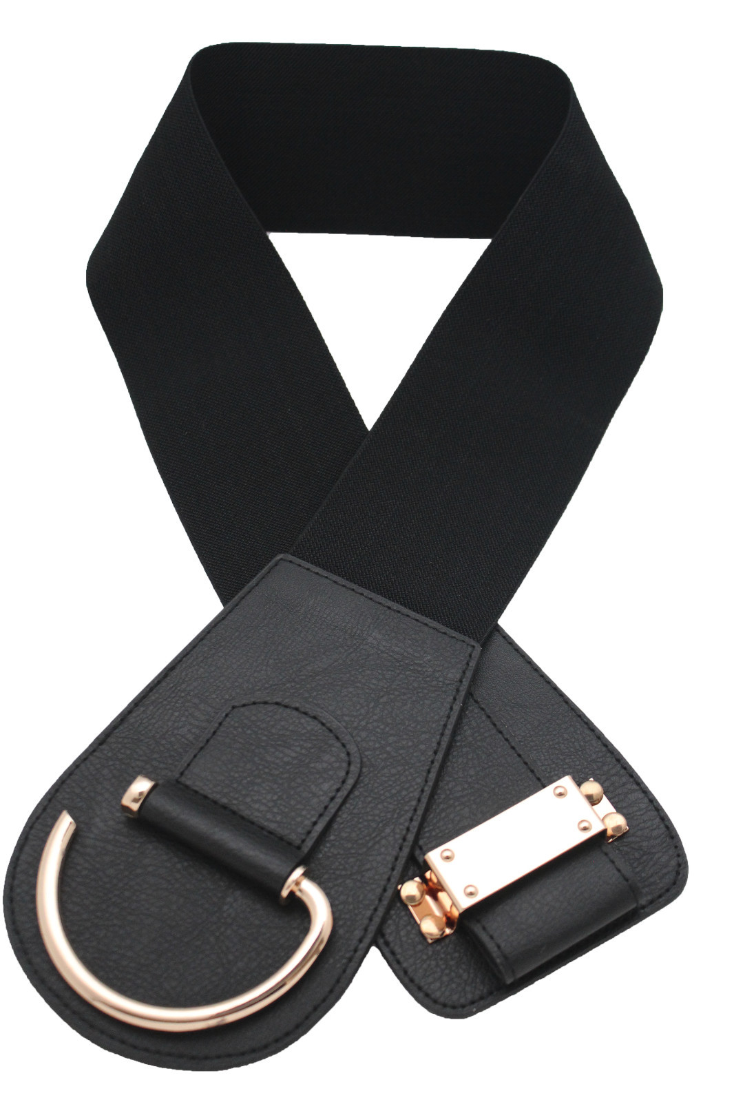 New Women Gold Metal Hook Buckle Elastic Black Fabric Cute Belt Plus Size XL XXL