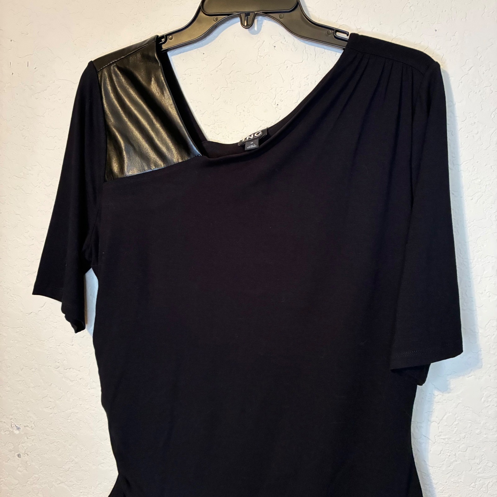 INC Black Faux Leather Trim Top Asymmetrical Neckline Goth Women Medium Party