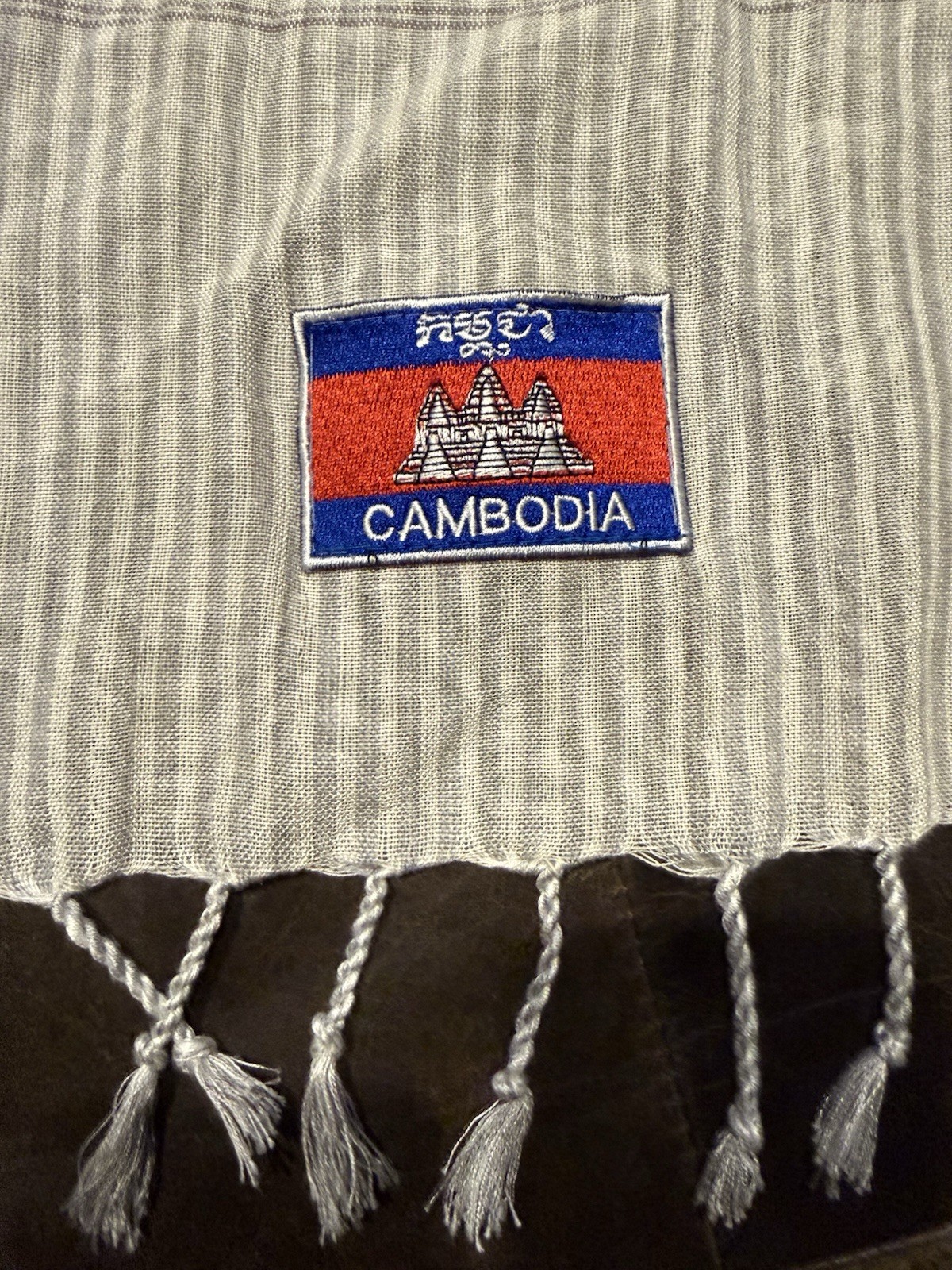 Cambodia Patch Gray White Striped Checked Woven Scarf Fringe Women’s
