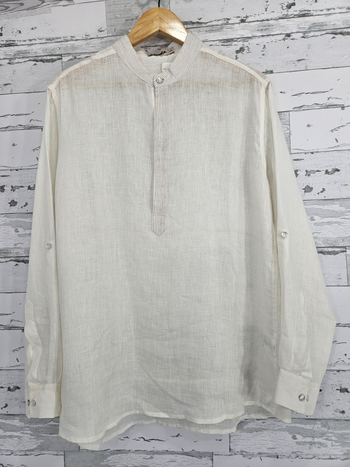 Fabindia Womens 8 Ivory Long Sleeve Linen Tunic Shirt Sheer Coastal