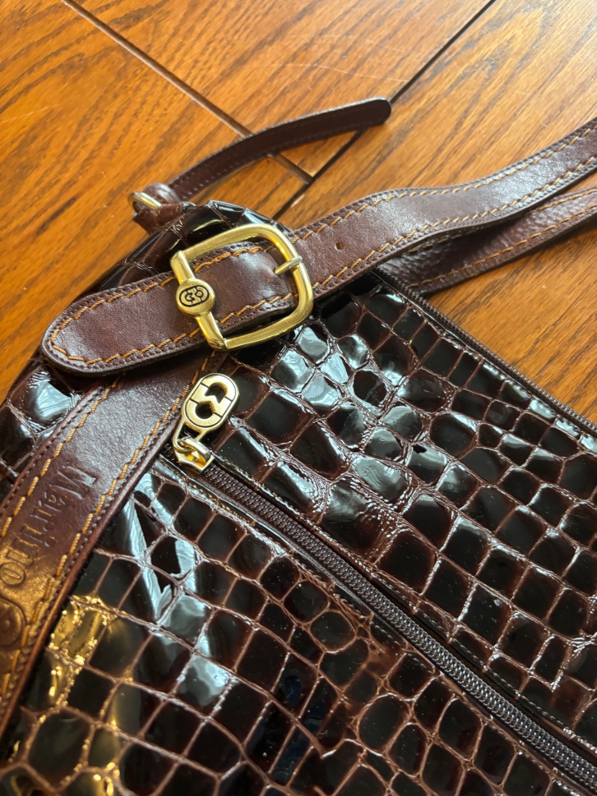 marino orlandi handbag purse tote crocodile embossed brown patent leather gold