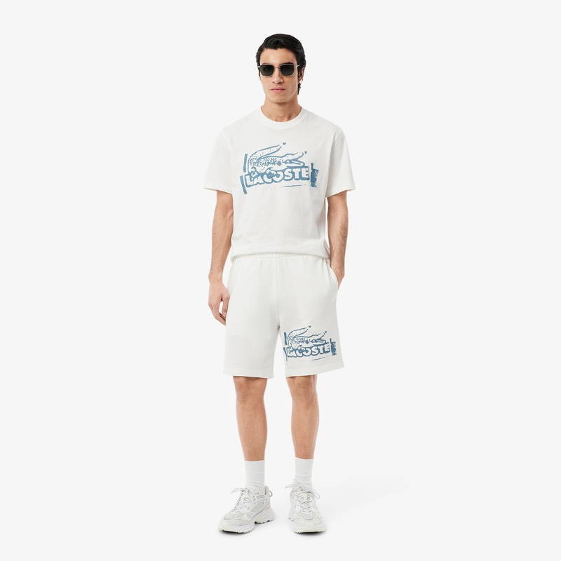 Lacoste Graphic Print Logo Cotton Fleece Croc Shorts White Blue Men’s Sz XL NEW