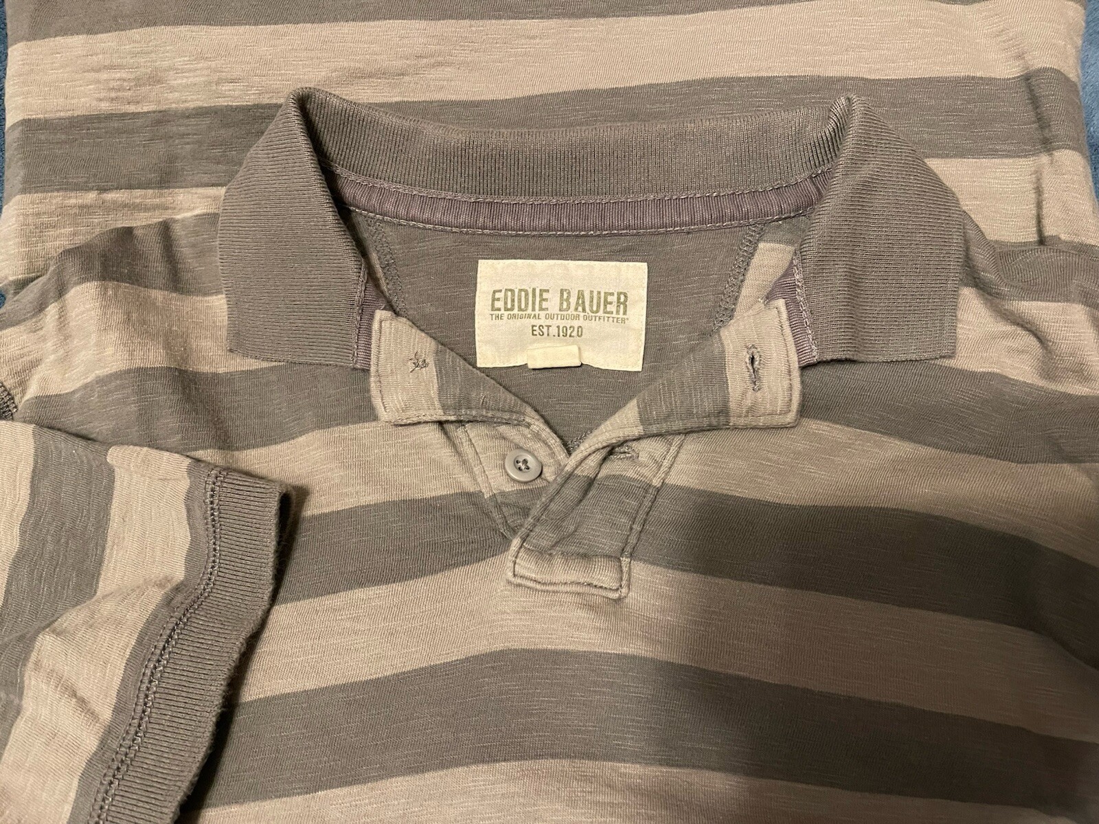 EDDIE BAUER CLASSIC COTTON SLUB FADED TAUPE BROWN BLOCK STRIPED POLO MEN SMALL