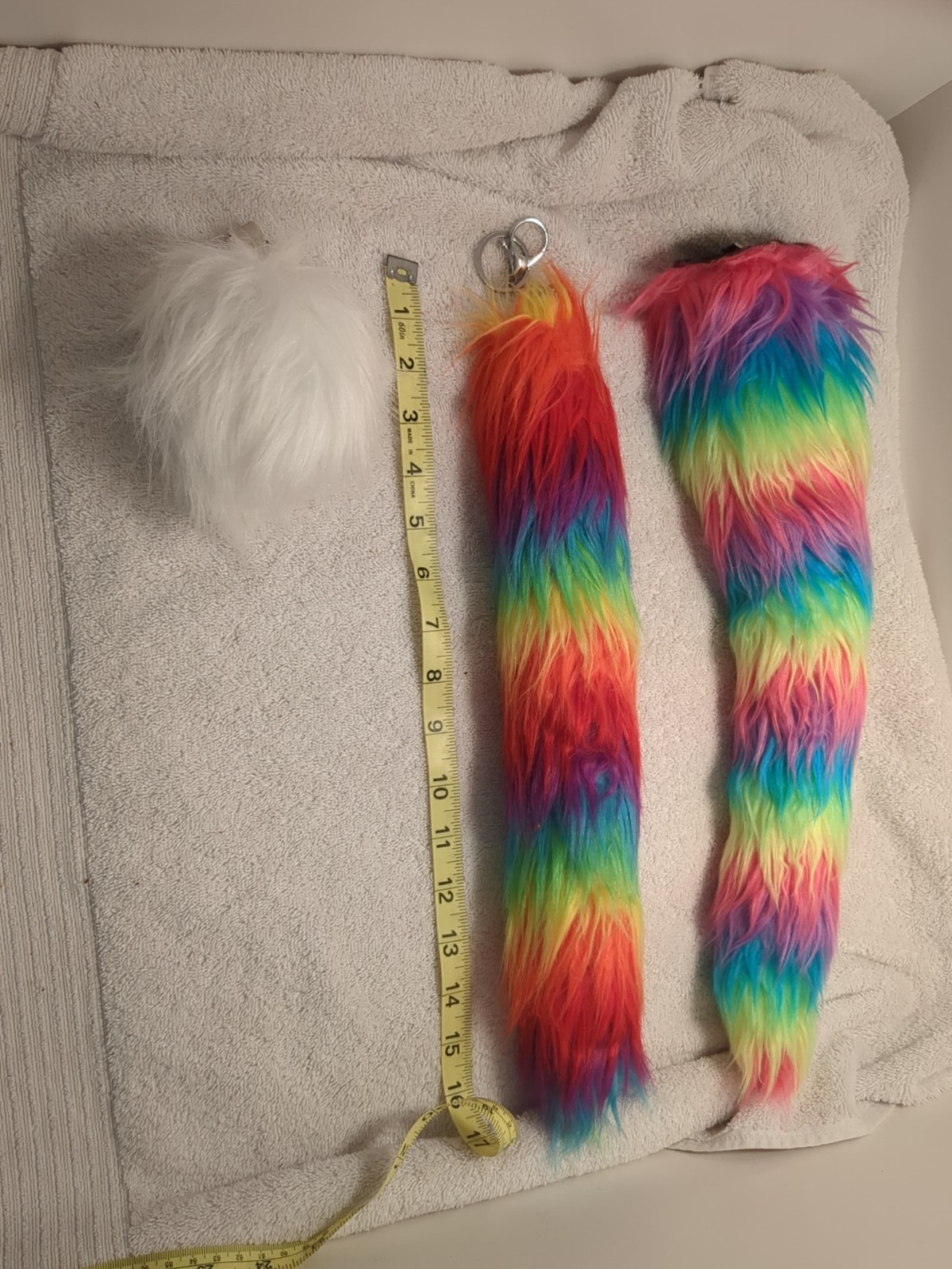 RAINBOW STRIPES GAY PRIDE 16″ FAUX FOXTAIL KEYCHAIN/CLIP, White Bunny Tail Lot