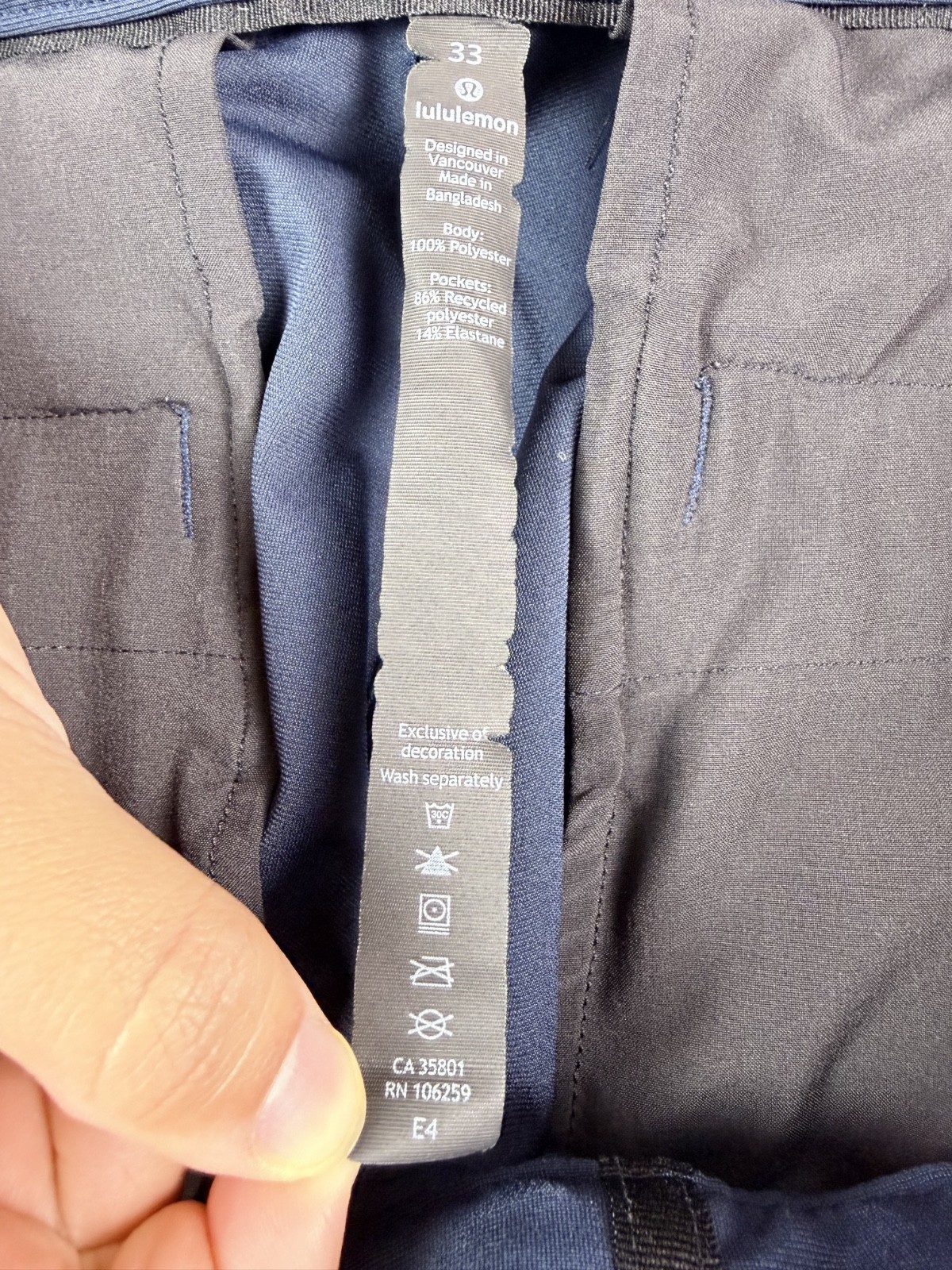 lululemon Commission Pant Slim 33 Navy Warpstreme Mens Pants Hemmed 26