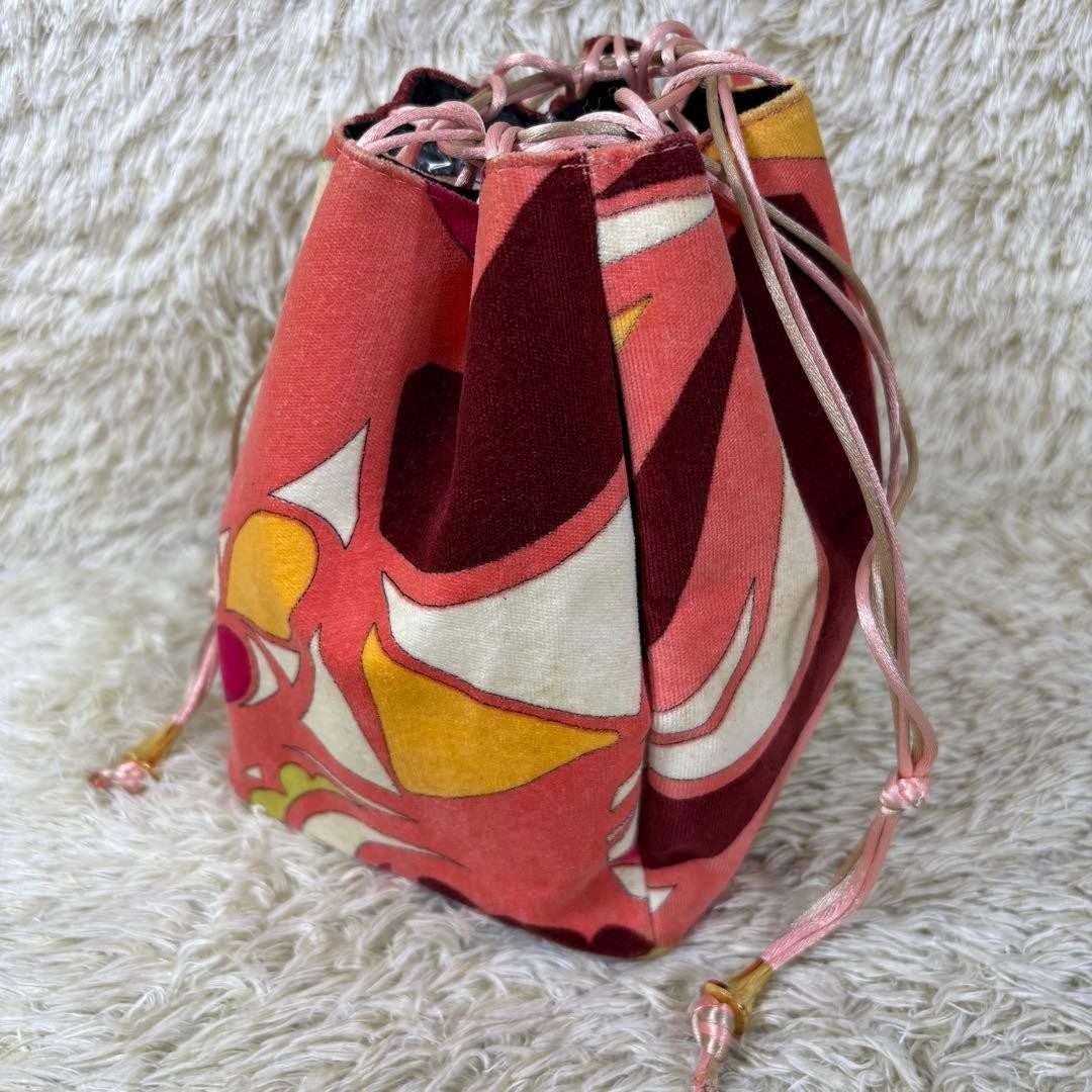 Emilio Pucci Drawstring Handbag Velvet All-Over Print Gold Hardware Italy