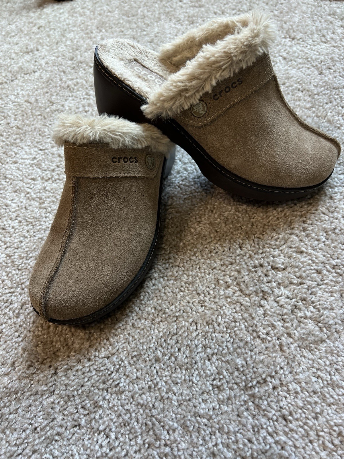 Crocs Faux Suede Fur Lined Mule Clogs Brown Fairy Indie Cottagecore 6.5