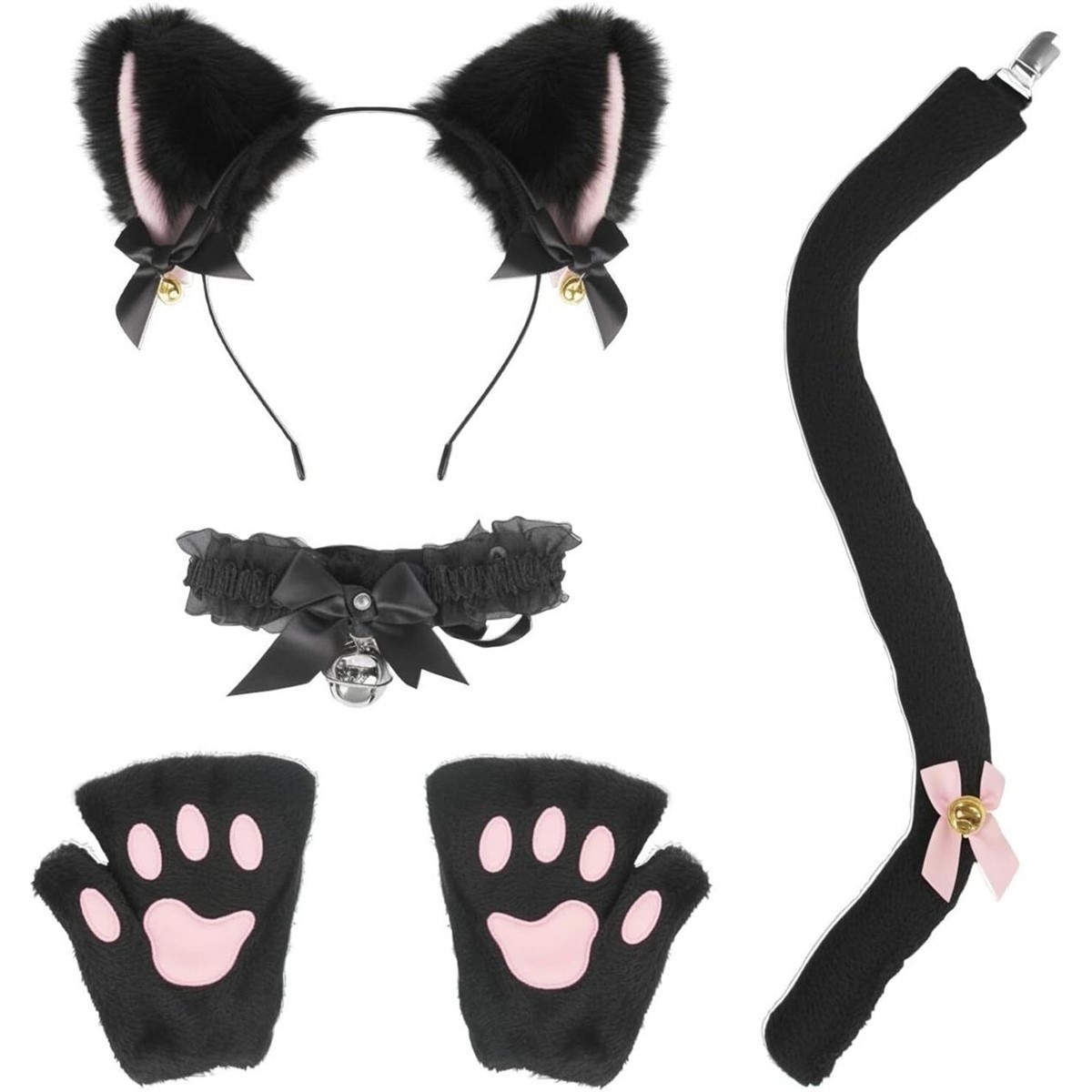 Halloween Plush Cat Animal Costume Set Ears, Paw Gloves, Choker, Headband & Tail