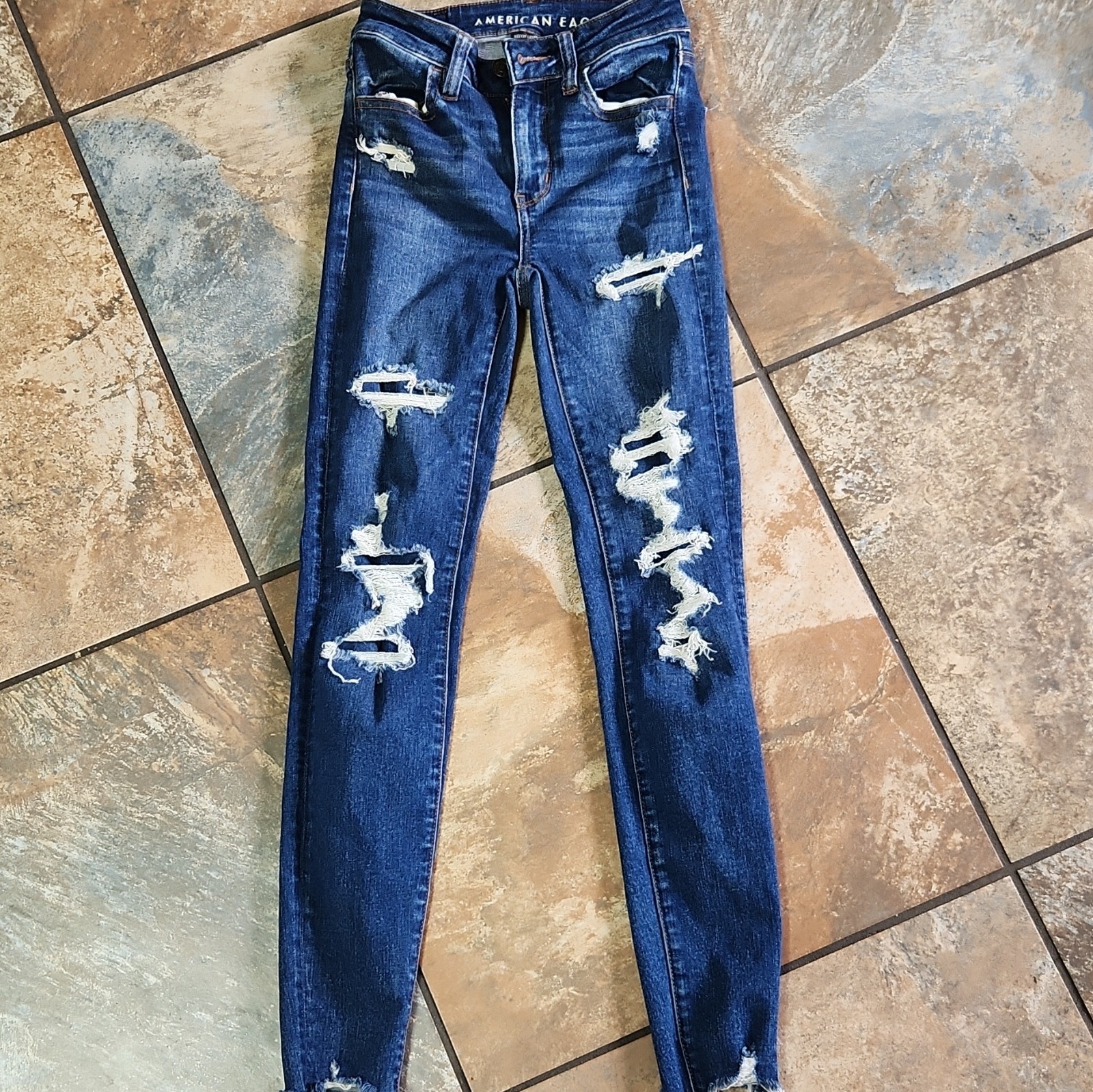 American Eagle Ne(x)t Level Stretch Dark Wash Distressed High Rise Skinny Jeans