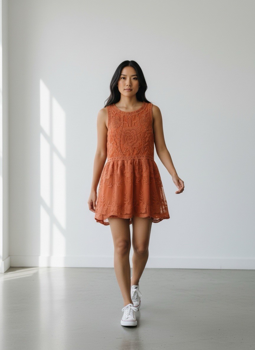 Entro Floral Embrodied Sleeveless Babydoll Terracotta Dress. Size Small