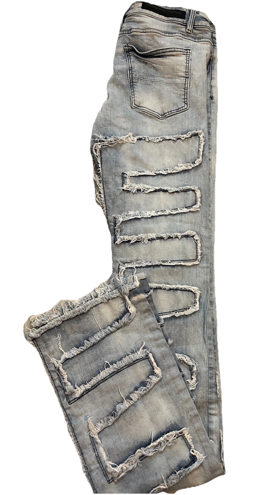 Men’s Blue Light Wash Distressed Slim Fit Mid Rise Skinny Denim Jeans 32 Stacked