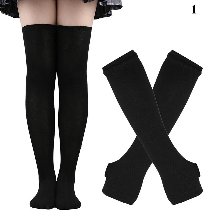 1 Set Women Girls Over Knee Long Stripe Printed Thigh High Cotton Socks Arm