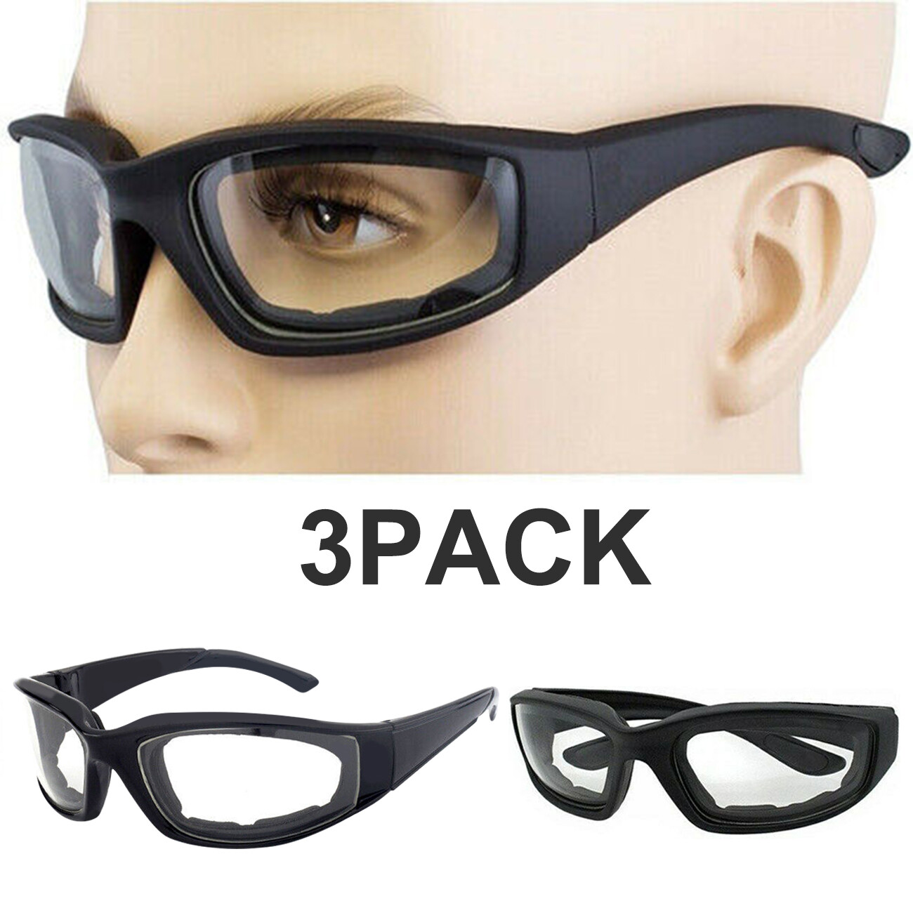 3 Pairs Chopper Motorcycle Padded Foam Wind Resistant Riding Glasses Sunglasses