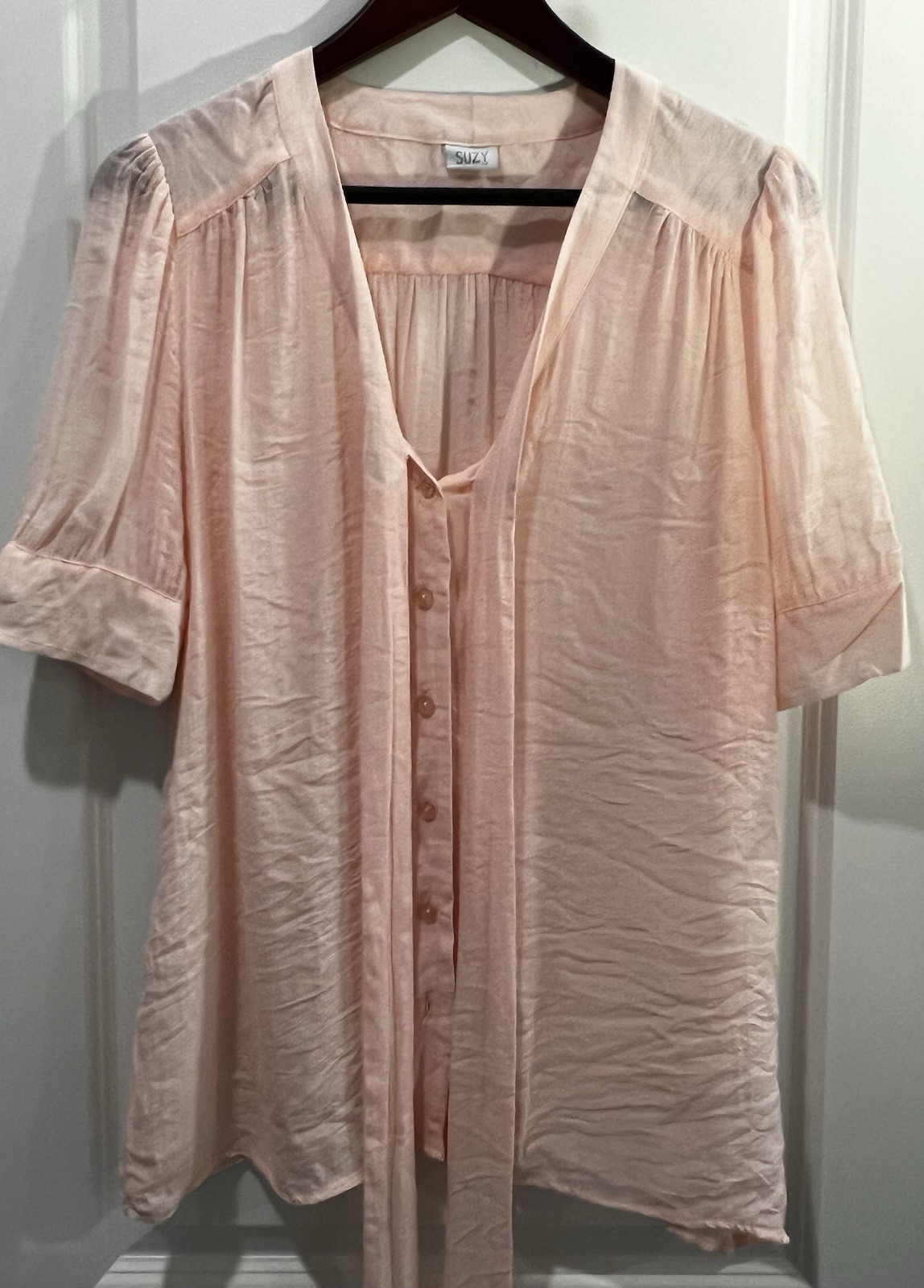 Suzy Blush Pink Blouse Button Up V Neck Short Sleeve Neck Tie Work Office Top
