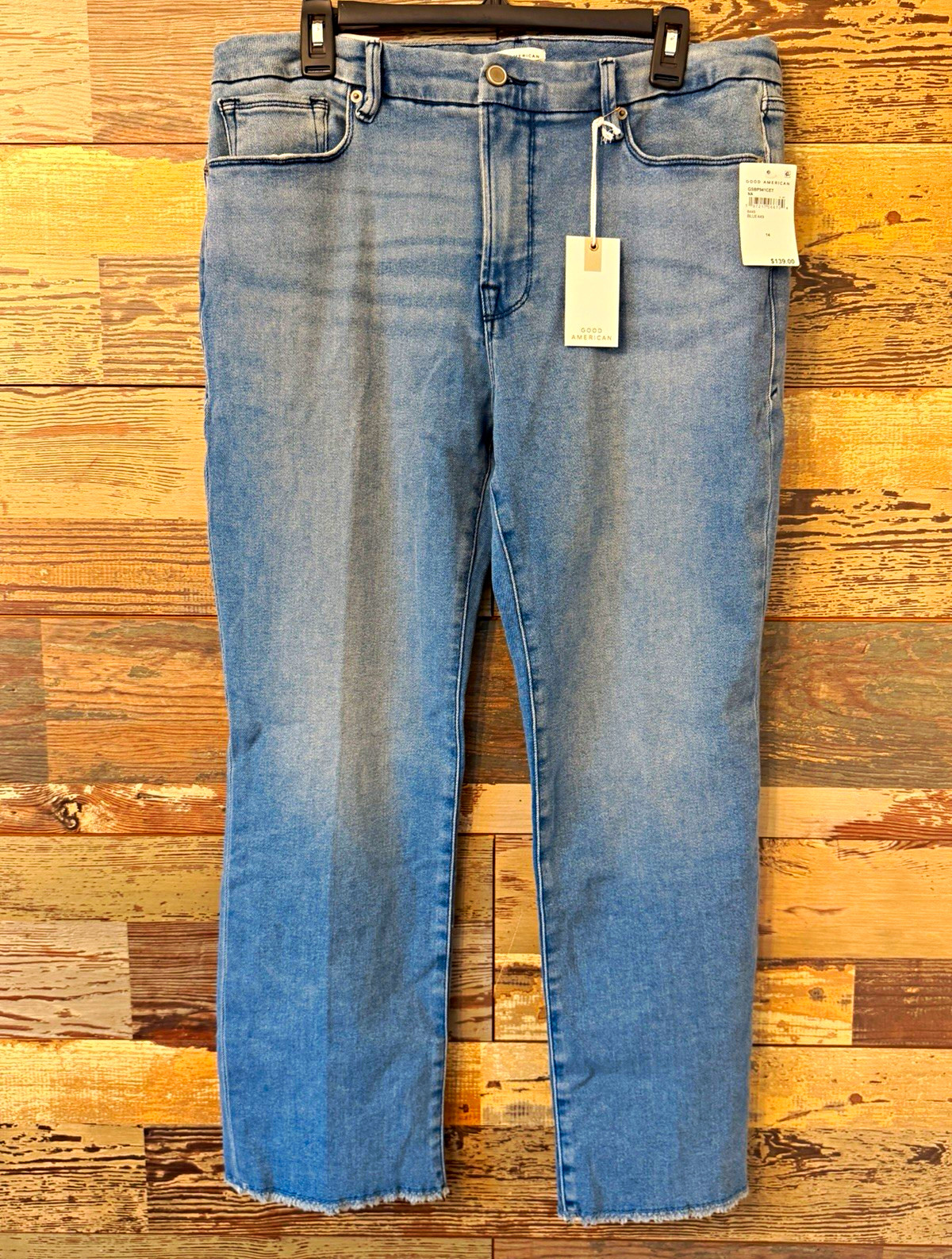 Good American Good Legs Straight Jeans Medium Wash Blue Stretch 5-Pocket 14