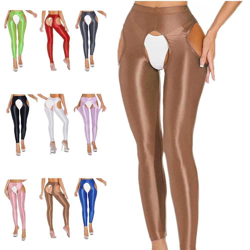 US Womens Glossy High Waist Cut Out Leggings Solid Color Skinny Yoga Pants