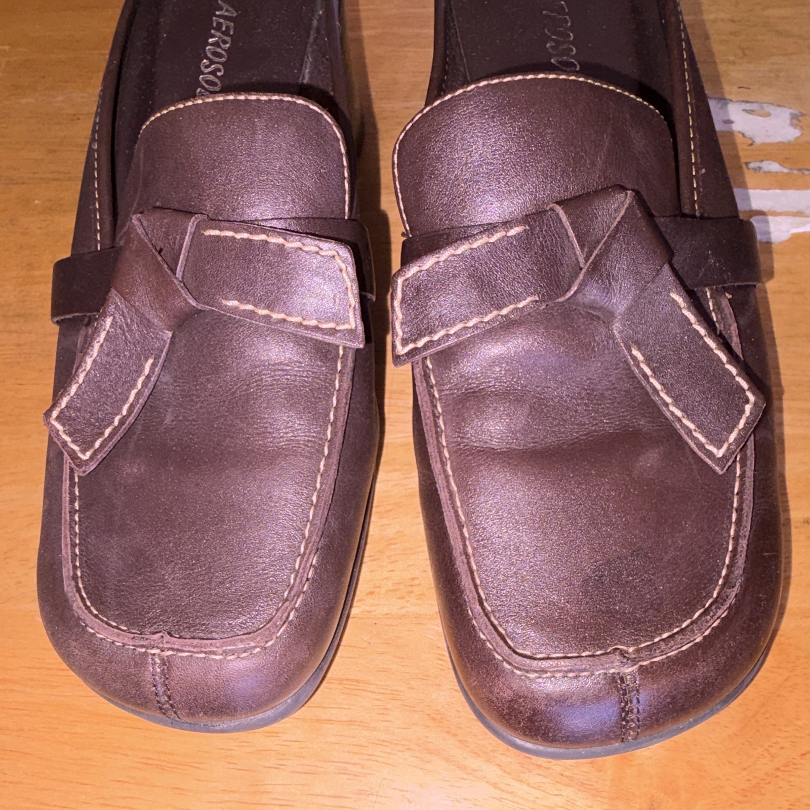 Aerosoles Women’s Brown Leather Mule Heels Slip-On Square Toe Block, US 7 M